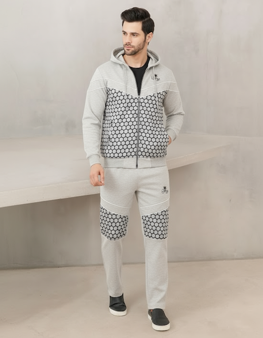 Men’s Premium Winter Tracksuit – Grey Honeycomb Design | Stylish & Comfortable
