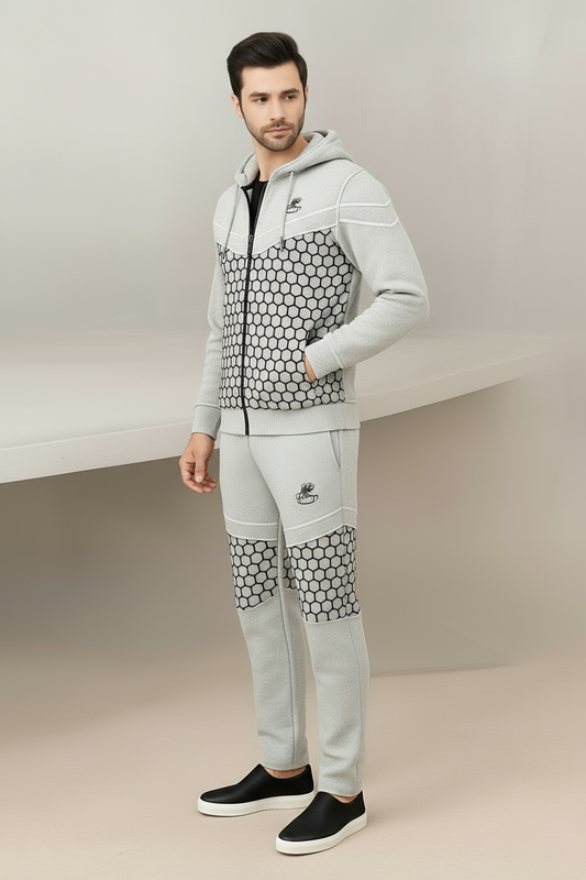 Men’s Premium Winter Tracksuit – Grey Honeycomb Design | Stylish & Comfortable